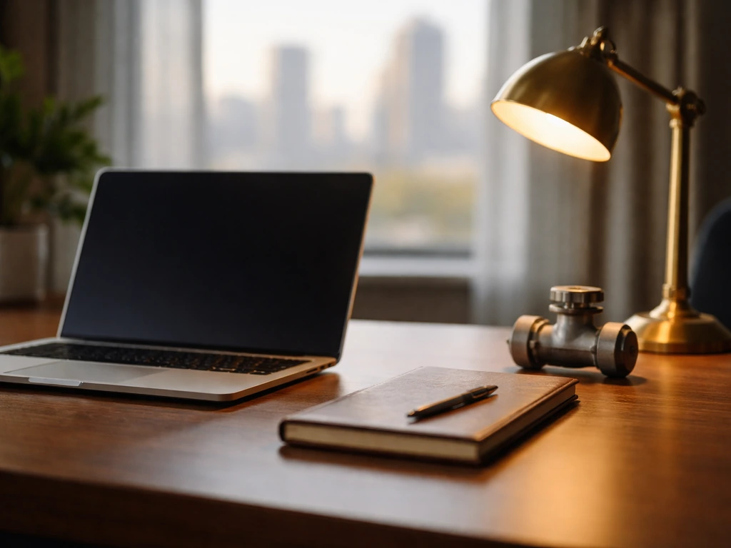 Minimal office scene with a laptop and warm light, symbolizing Texas energy and business royalty