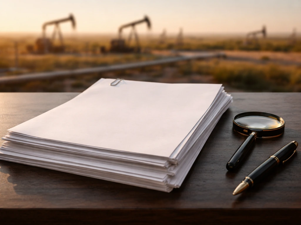 Close-up of blank royalty paperwork and pen on a desk with an out-of-focus oilfield background.