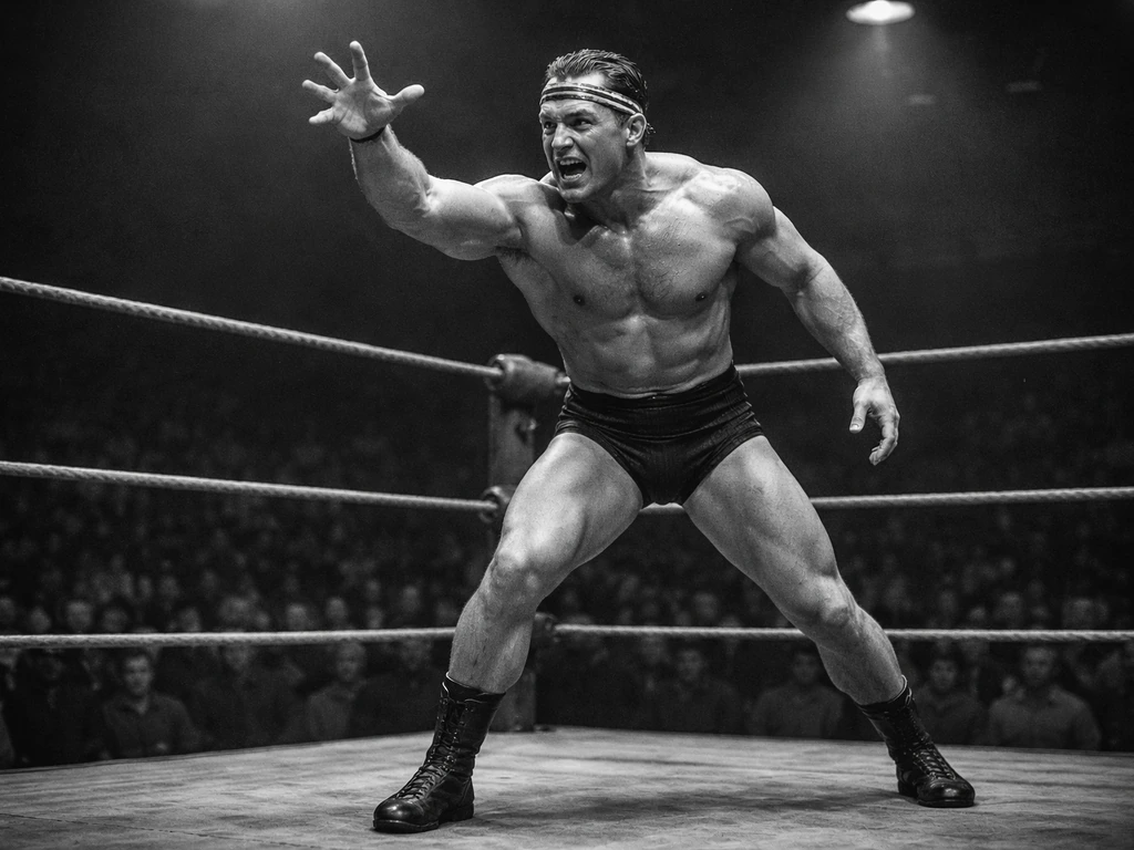 Black-and-white in-ring photo-style shot of a vintage wrestler posing as a heel under arena lights.