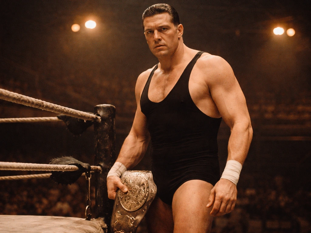 Killer Kowalski in a vintage wrestling ring with championship belt, late-1950s era lighting