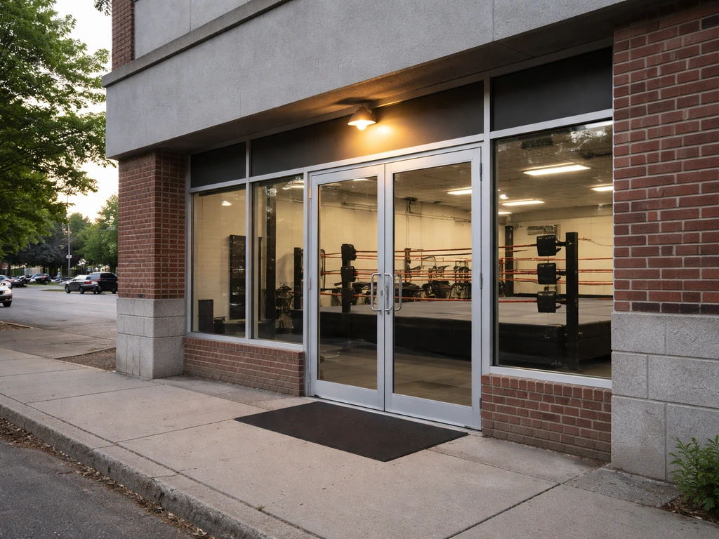 Quiet street view of a boxing-wrestling training facility in Malden with a subtle business facade