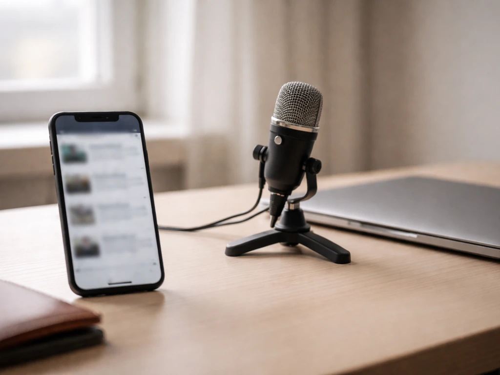 Minimal desk scene with smartphone, microphone, and wallet suggesting finance and net-worth calculation