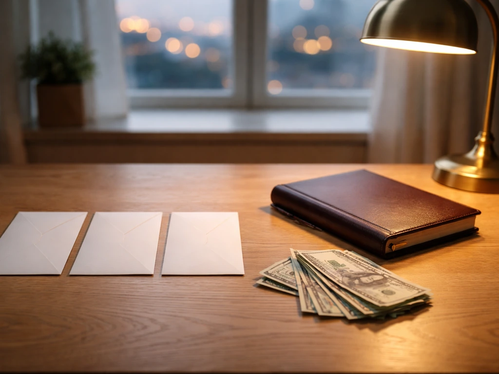 Minimal desk scene with envelopes and currency notes symbolizing a net worth estimate range.