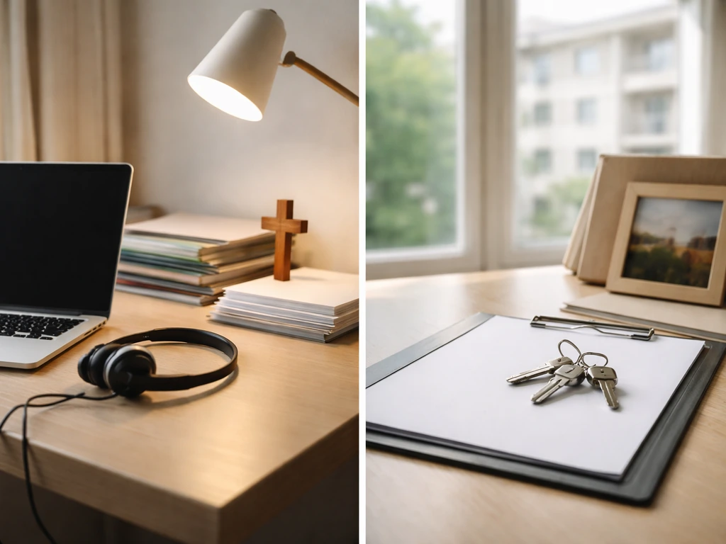 Nonprofit ministry desk on one side and rental property paperwork with keys on the other.