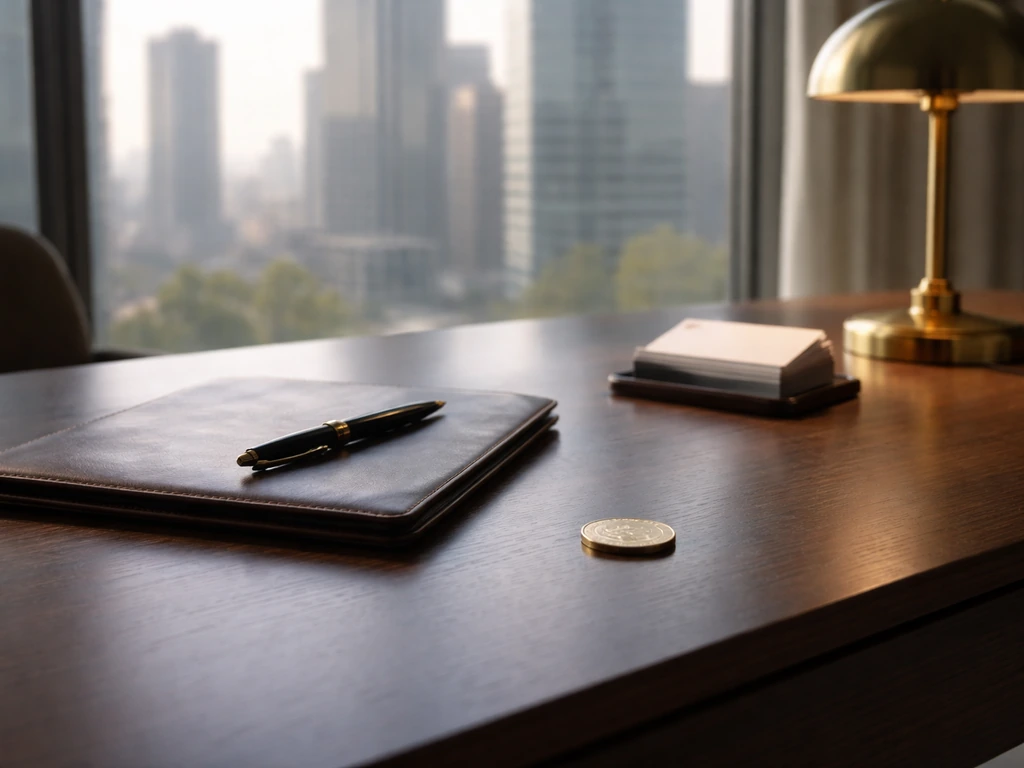 Minimal office desk scene with a gold coin and premium executive items symbolizing wealth.