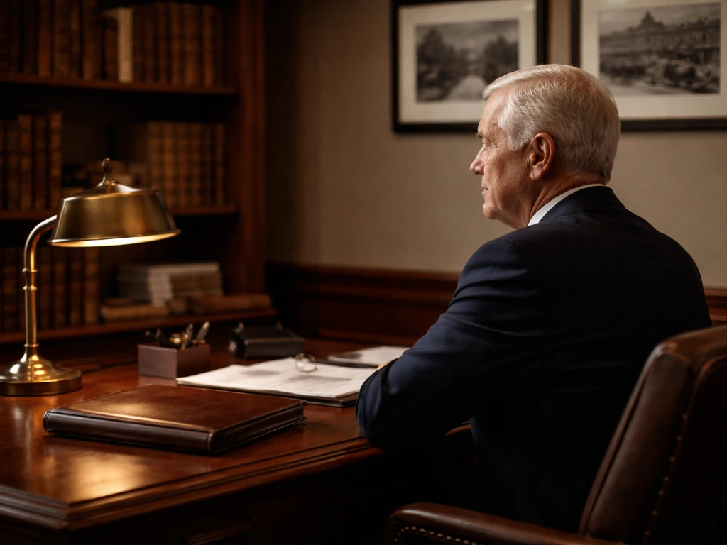 Herb Kohler-style private business setting: suited executive silhouette in a quiet archive office with warm lighting