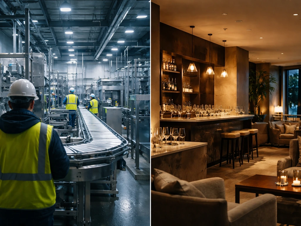 Split-scene of anonymous factory floor and cozy hospitality resort lobby, showing Kohler’s industrial and hospitality op