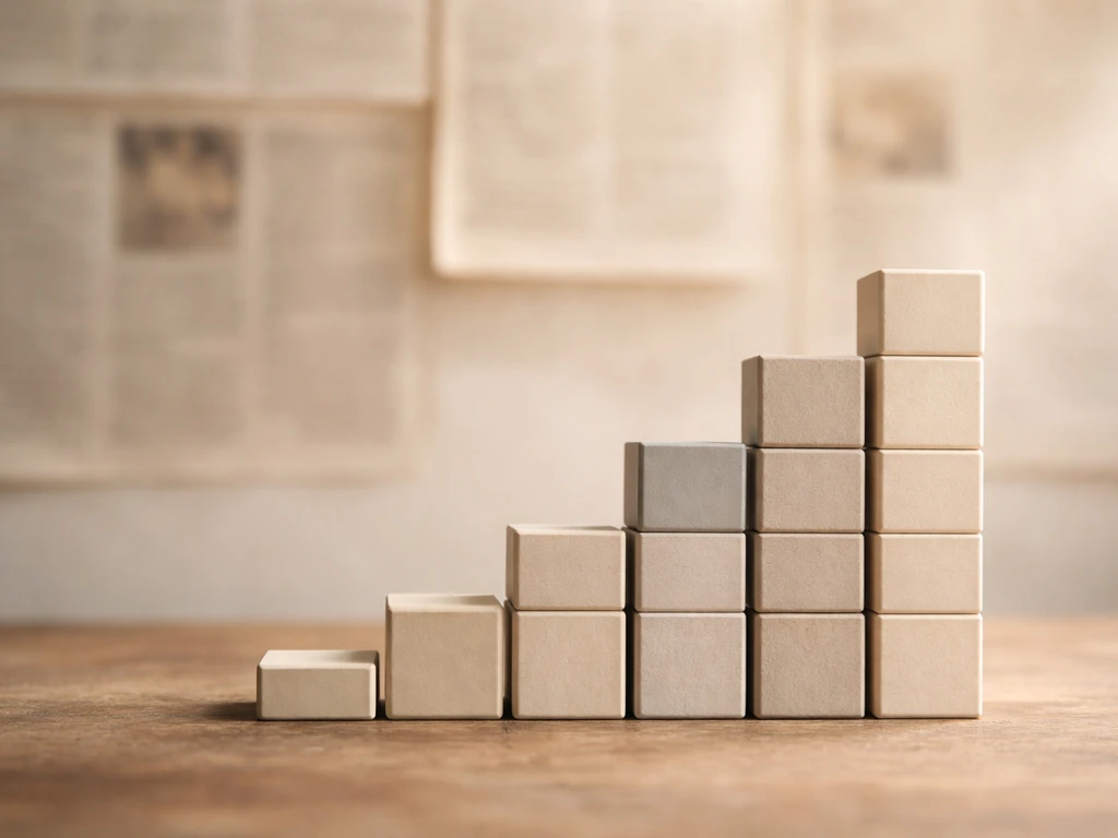Minimal money-growth scene: stacked building-blocks rising beside aged newspaper-style background, no numbers or text.