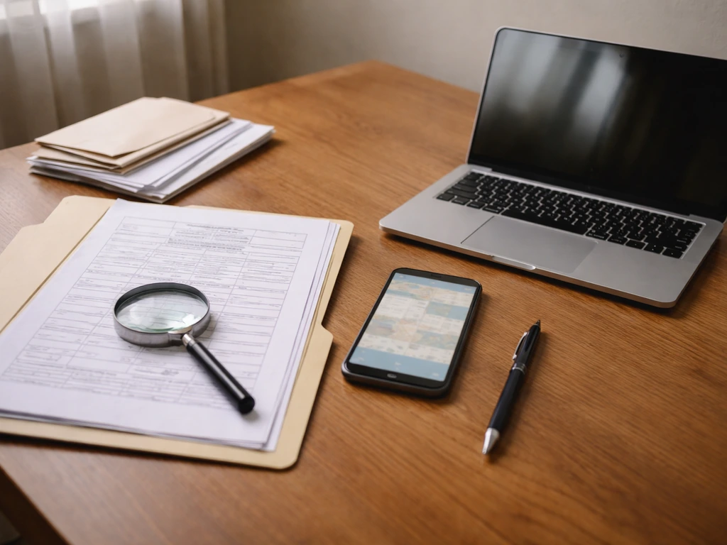 Minimal desk scene with property documents, a phone, and a magnifying glass suggesting net-worth research.