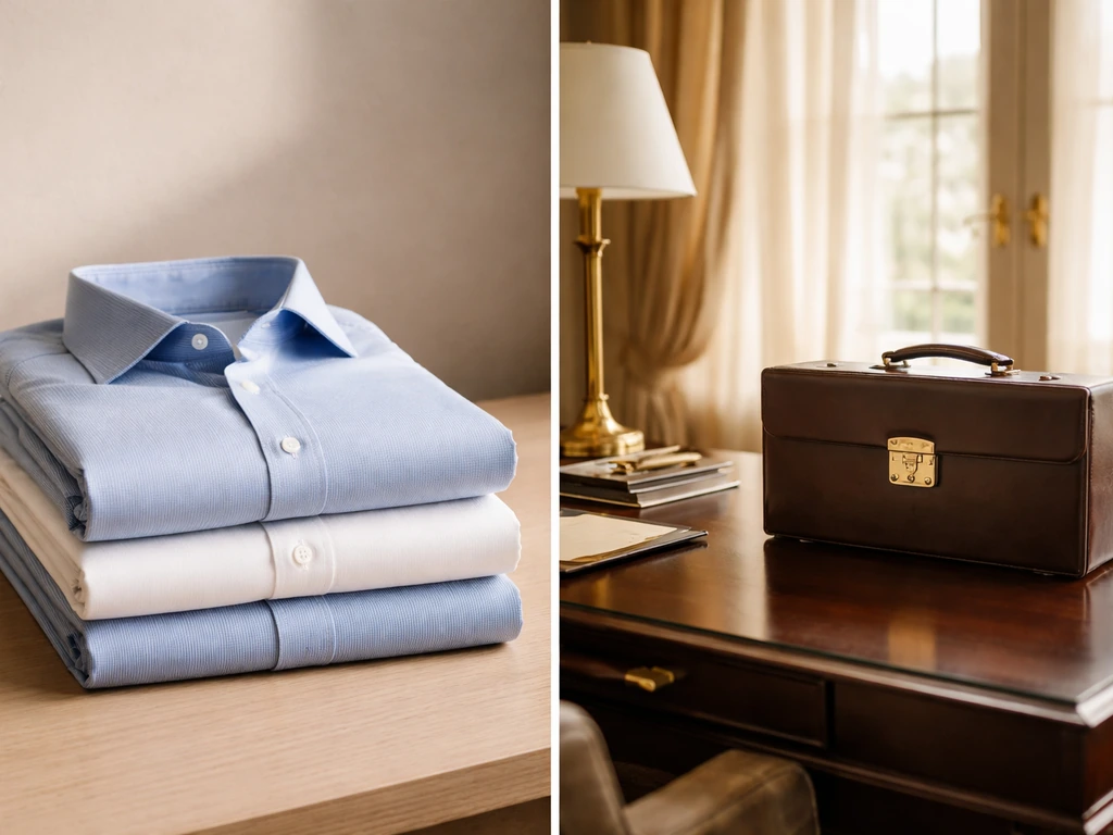 Left: luxury folded men’s dress shirts; Right: quiet empty room with subtle wealth symbolism