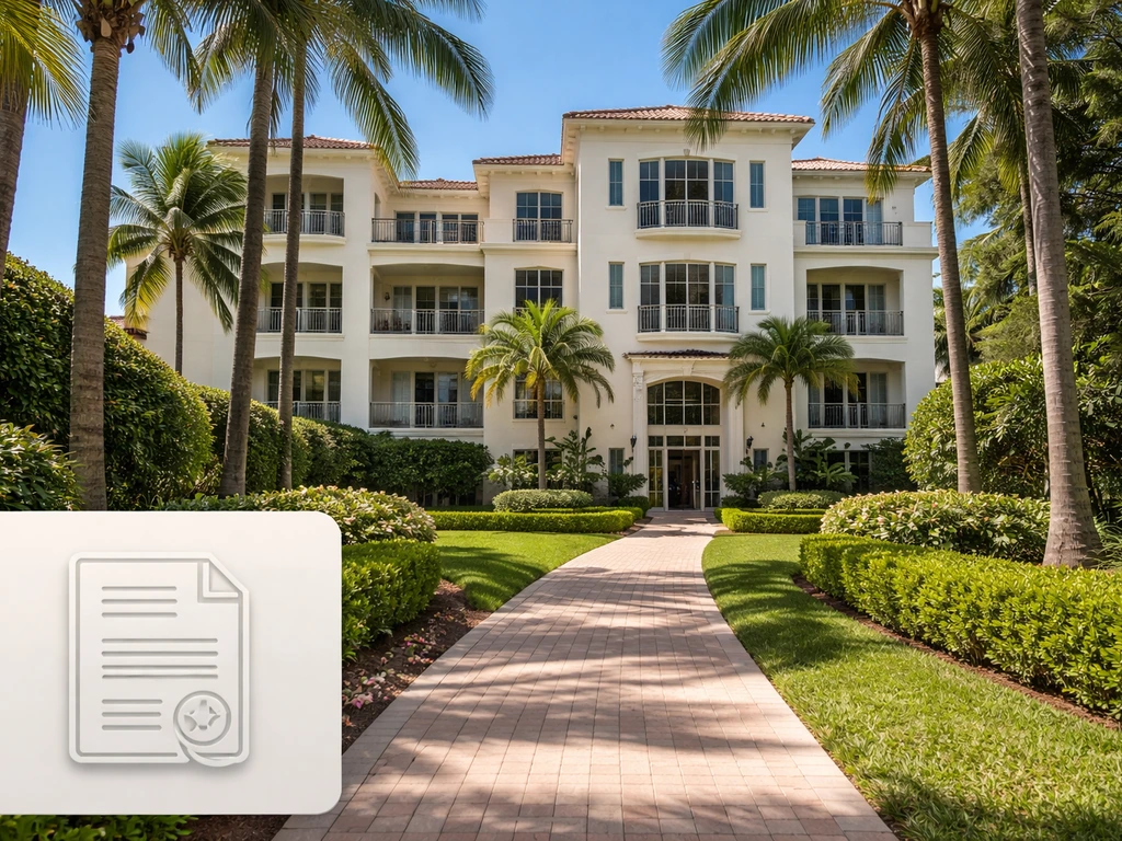 Palm Beach condominium exterior with deed-record icon to symbolize real-estate documentation.