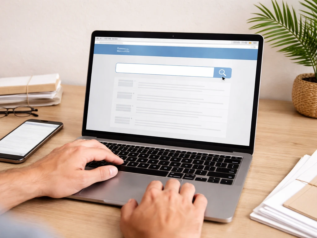 Hands using a laptop to search property records, minimal home office scene focused on verification workflow.