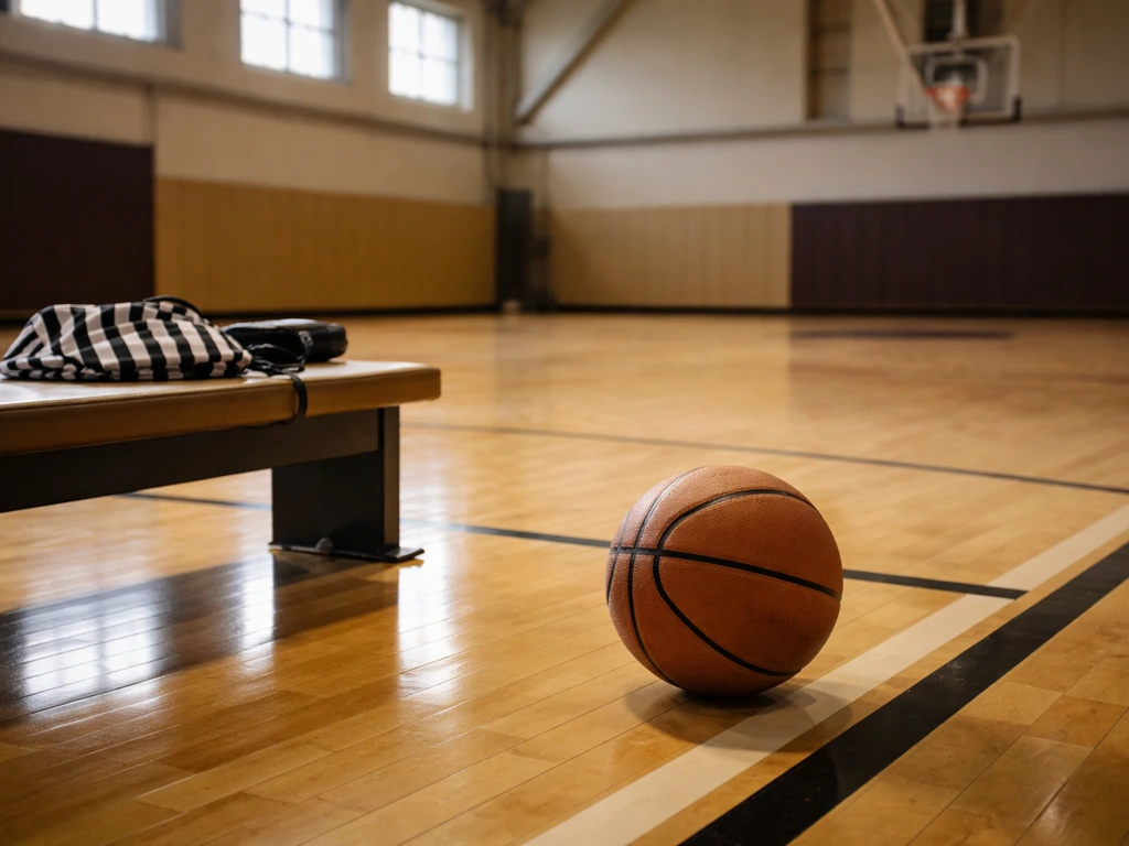 Basketball court scene with a basketball and folded referee gear, hinting at basketball and officiating.
