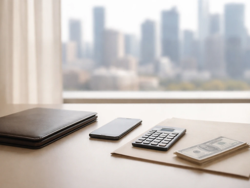 Minimal desk with calculator and money, symbolizing financial analysis without any text or people