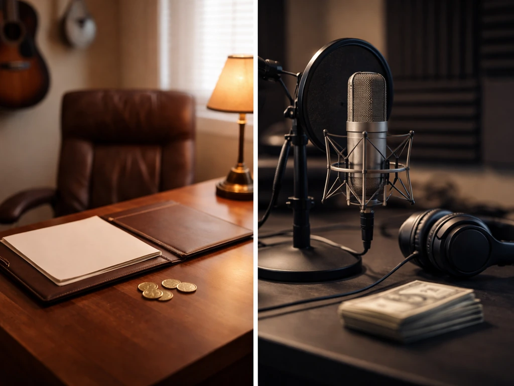 Split-screen style scene: blurred luxury office and studio microphone symbolizing net worth estimates