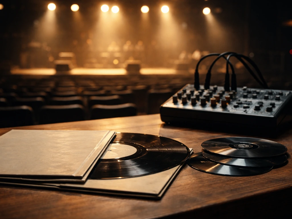 Minimal music business scene: vinyl, CDs, audio mixer, and a softly lit empty concert venue in back