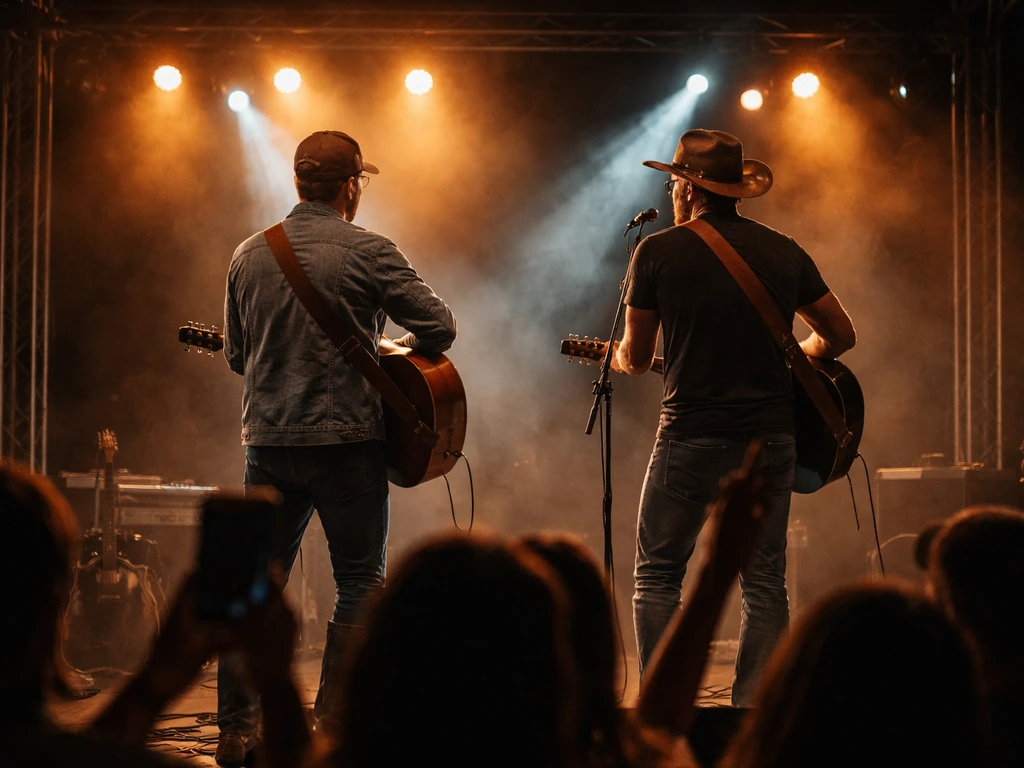 Country duo performing on a small outdoor stage with spotlights, guitars, and a blurred cheering crowd.