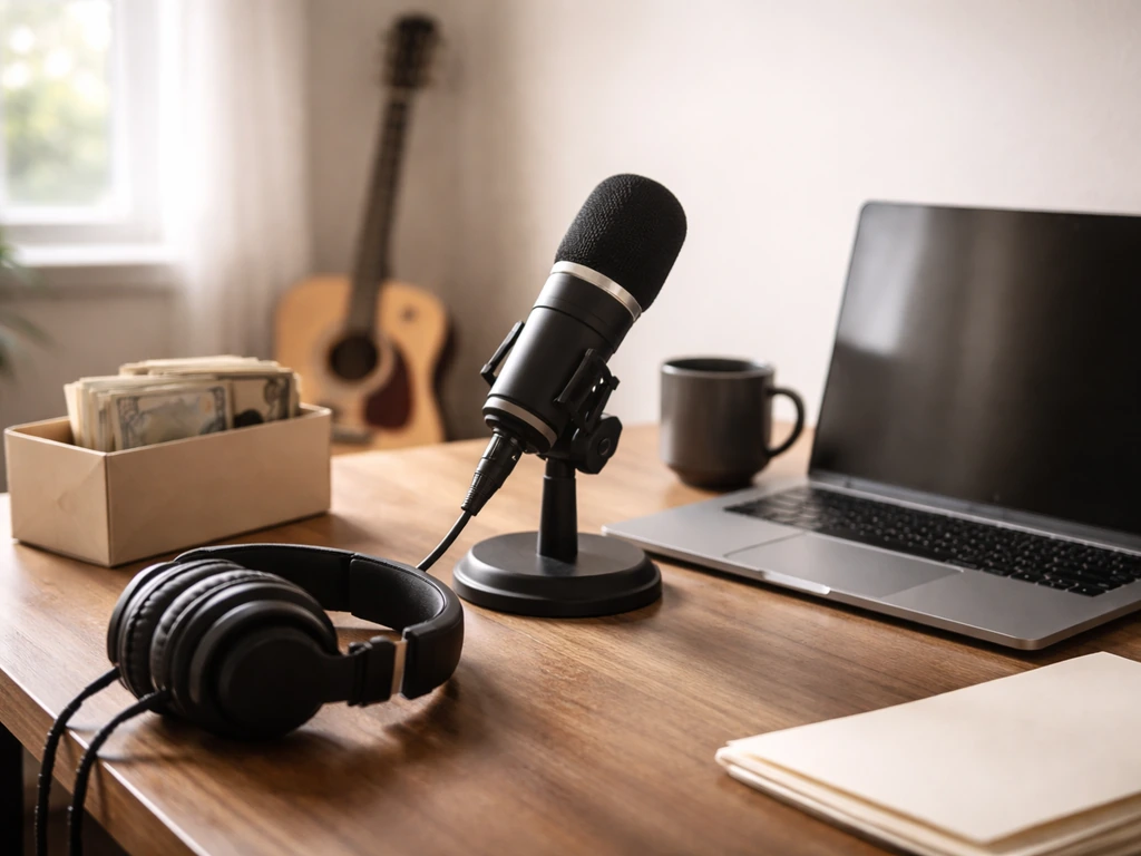 Minimal photo of an anonymous desk setup with headphones, microphone, laptop, and cash-like props symbolizing music and