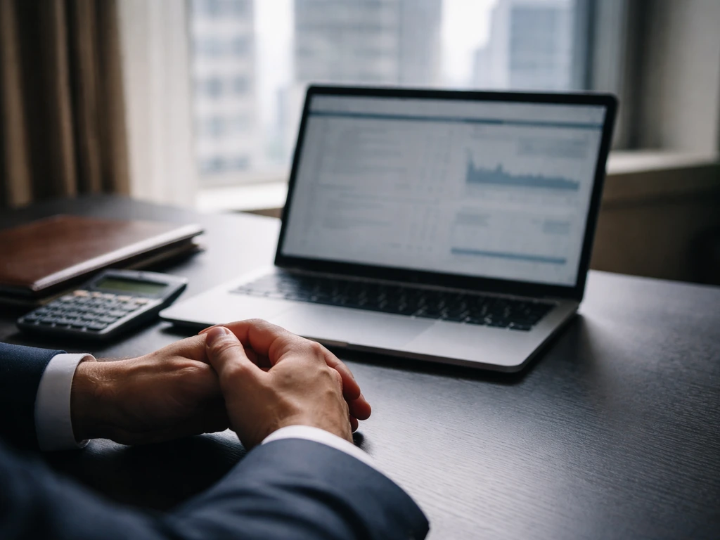 Minimal office scene with a laptop and calculator, suggesting private equity wealth estimation.
