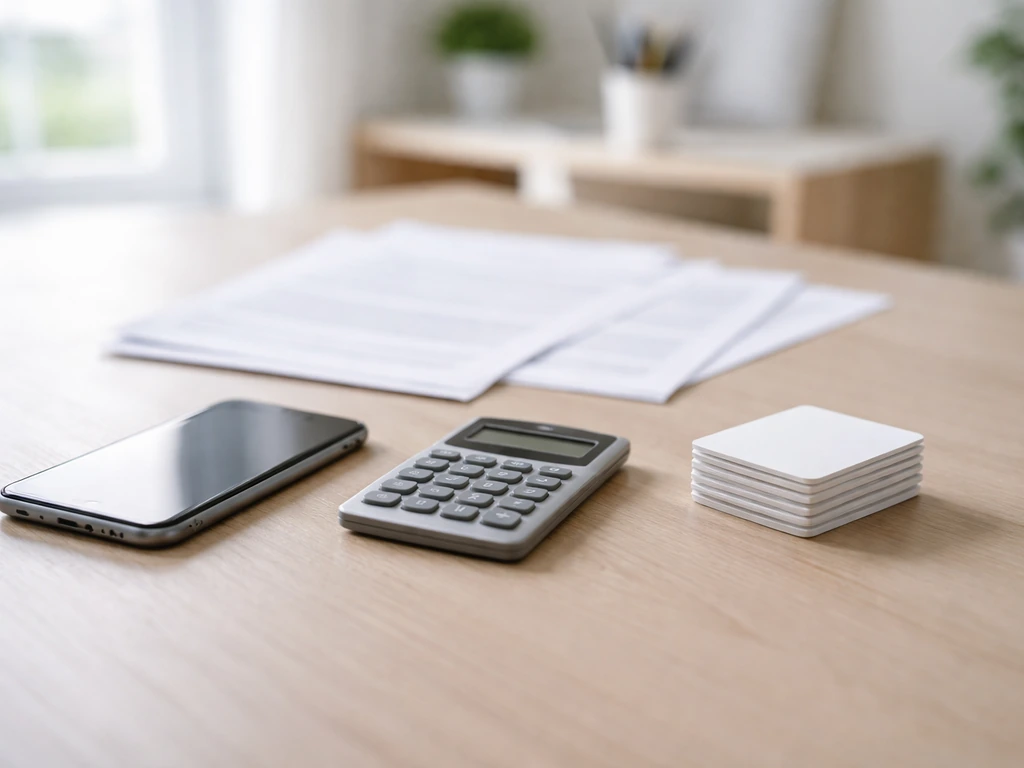 Minimal office desk scene showing a calculator, smartphone, and blurred finance documents symbolizing SEC filings analys