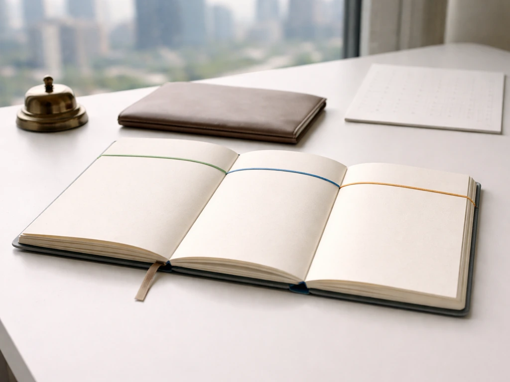 Minimal desk scene with an open notebook and blank milestone markers suggesting wealth-building stages.