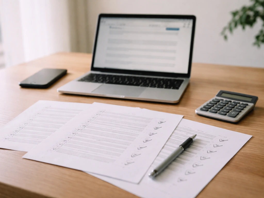 Minimal analyst desk with laptop, calculator, and blank filing pages suggesting public SEC-style verification workflow.