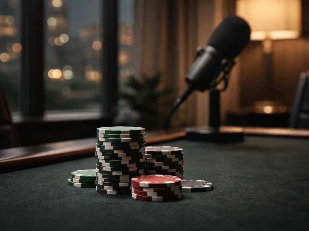 Poker chips on a felt table with a blurred studio microphone and city-lit office backdrop.