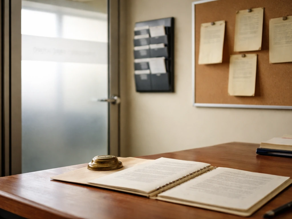 Minimal office desk with blank vintage letters and folders beside a glass door and frosted corporate signage strip.