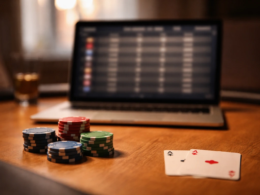 Anonymous poker table with chips and a laptop showing a blurred Hendon Mob–style results grid.