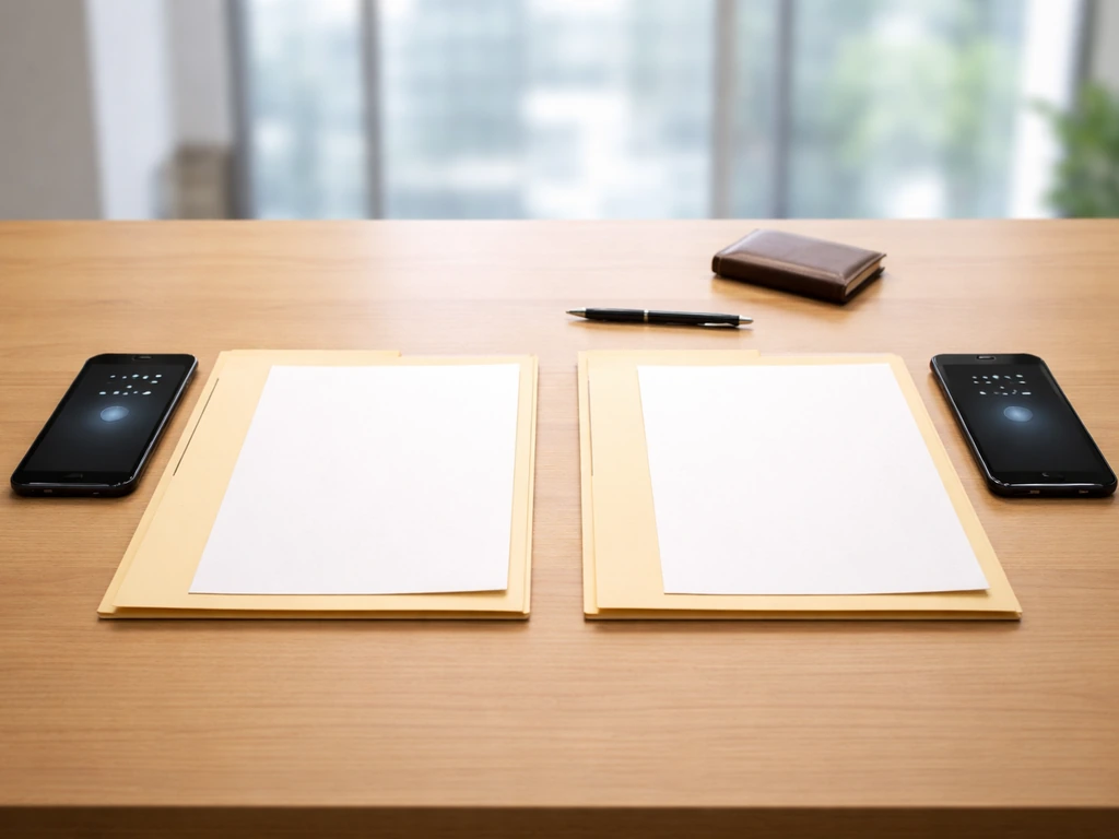 Minimal desk scene with two blank folders and a phone showing different update times