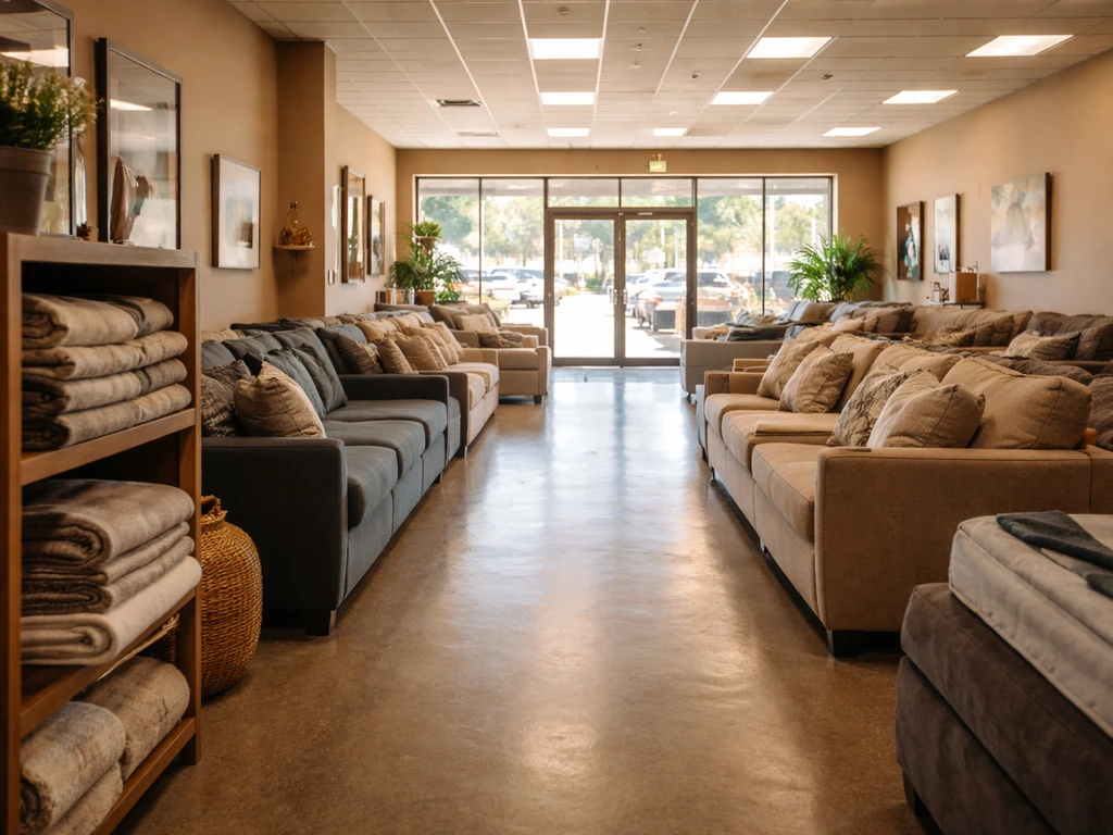 Warm, natural-light view of a Houston furniture and mattress store interior and storefront entrance.