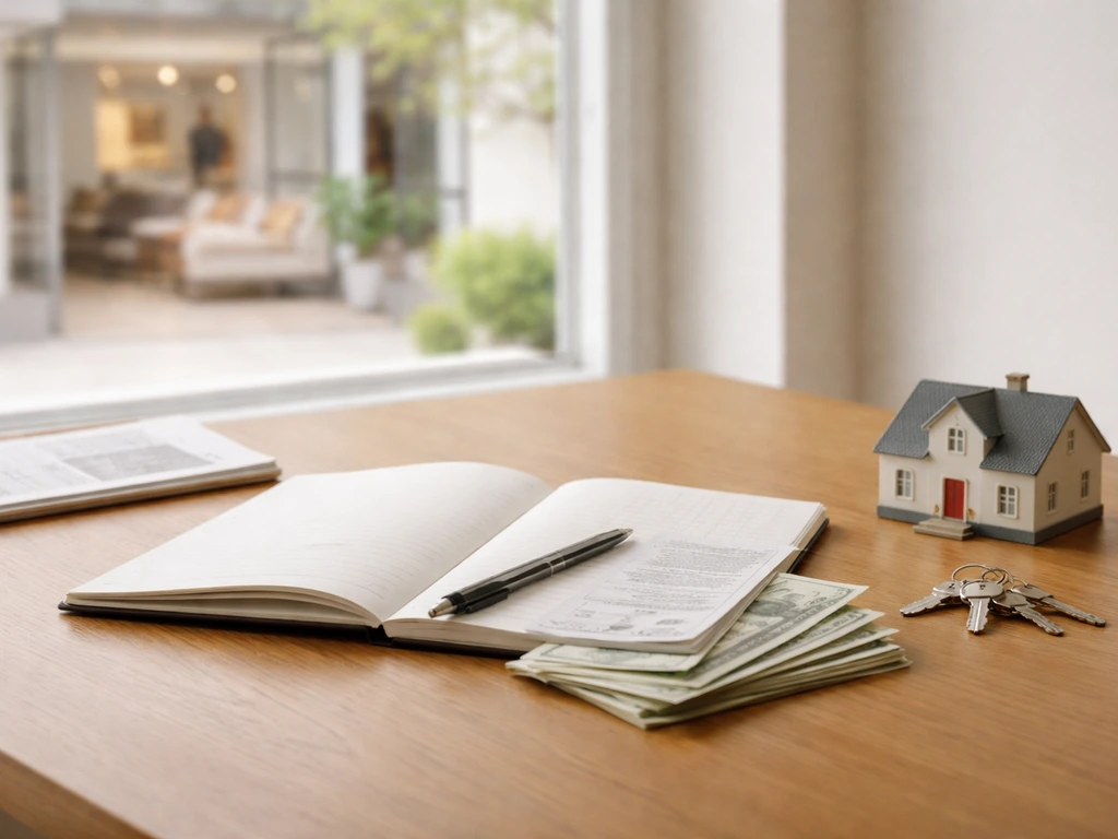 Minimal photo showing three wealth-source motifs: furniture store front, property, and cashflow through an open ledger.