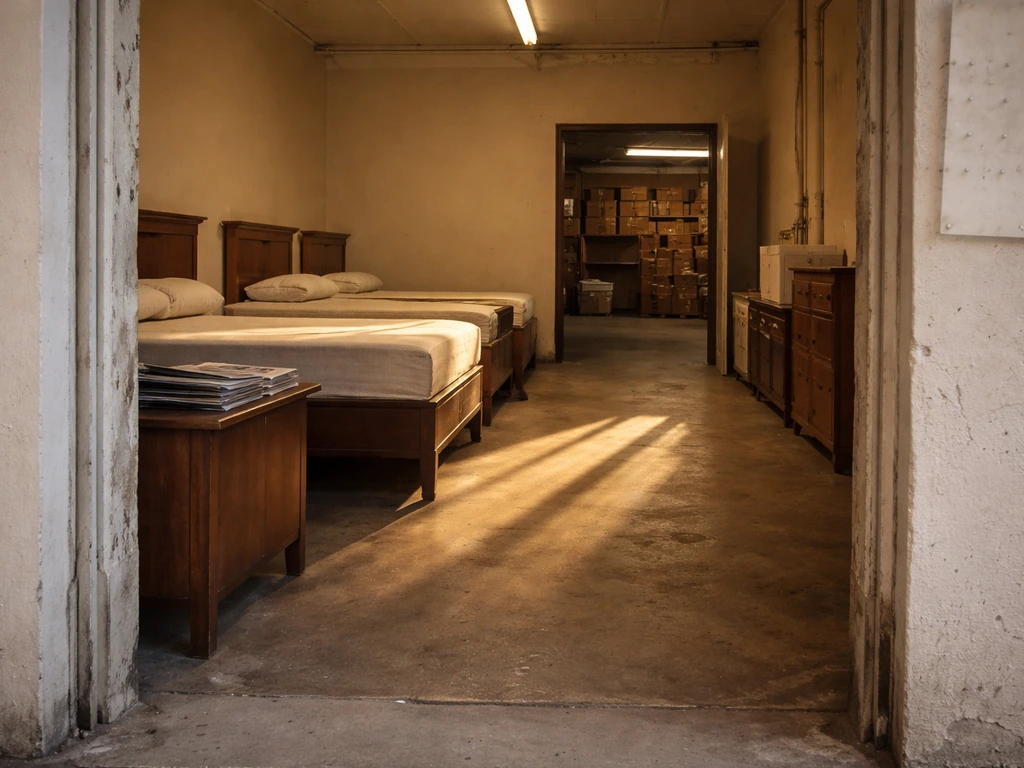 Warmly lit vintage-style furniture showroom scene with a dusty storefront entry suggesting early business growth.