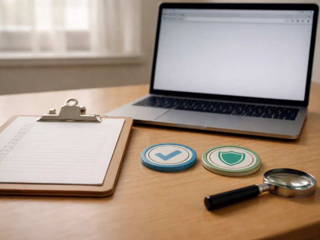 Minimal desk scene with checklist paper, magnifying glass, and document badges for verifying business filings.