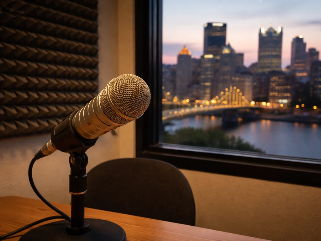 Pittsburgh comedy and radio scene: a microphone on a studio desk with a city skyline view