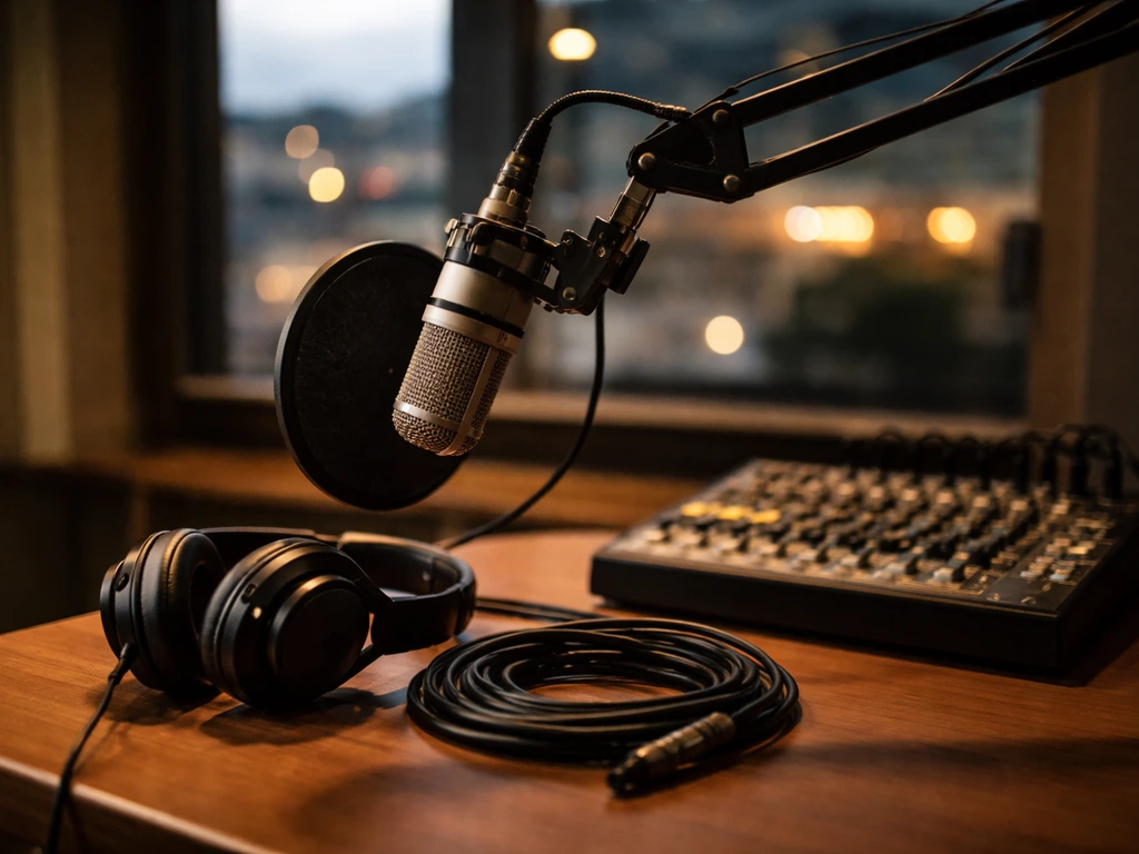 Empty radio studio desk with microphone and headphones, suggesting local radio income streams.