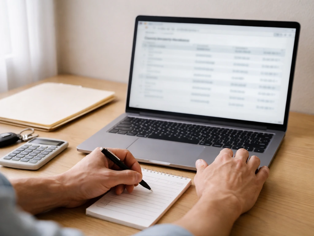 Hands on laptop with blurred county records-style webpage and checklist notes for verifying an estimate