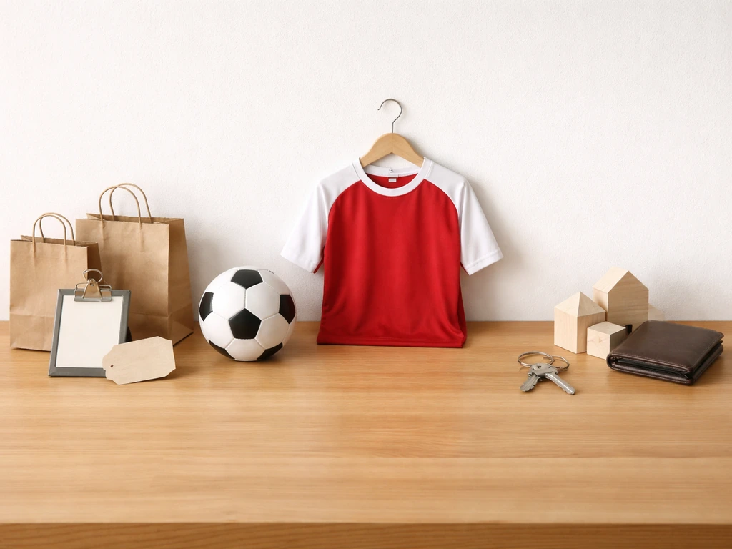 Three minimal clusters of objects representing retail, sports, and real estate income sources on a desk.