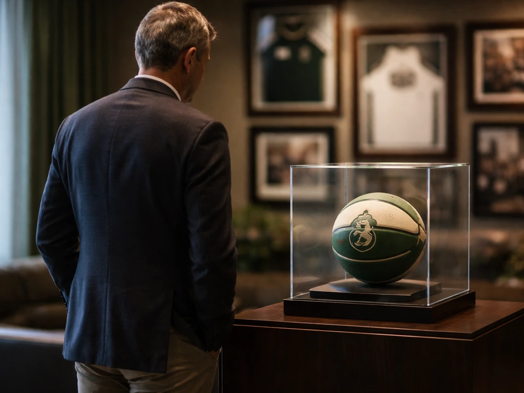 Milwaukee Bucks themed luxury office scene with an anonymous man beside a basketball display