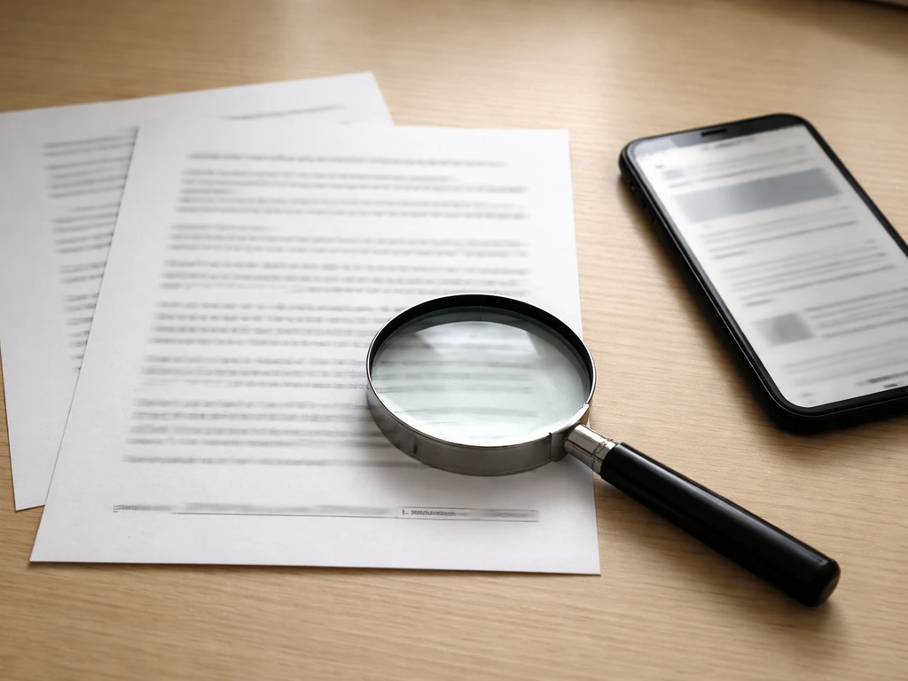 Desk scene with printed pages, magnifying glass, and a phone to suggest checking timestamps and sources.