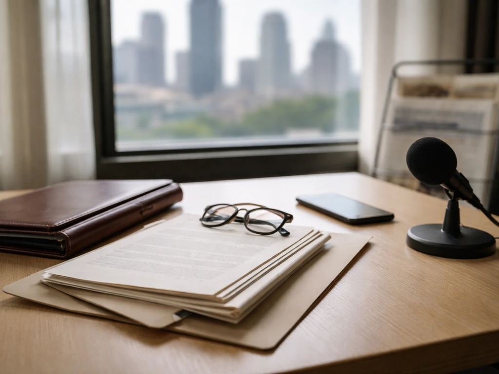 Minimal desk scene with documents and microphone, symbolizing researching a public figure’s finances.