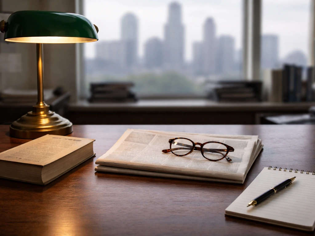 Empty newspaper newsroom desk with lamp, pen, and unread newspaper in soft daylight.