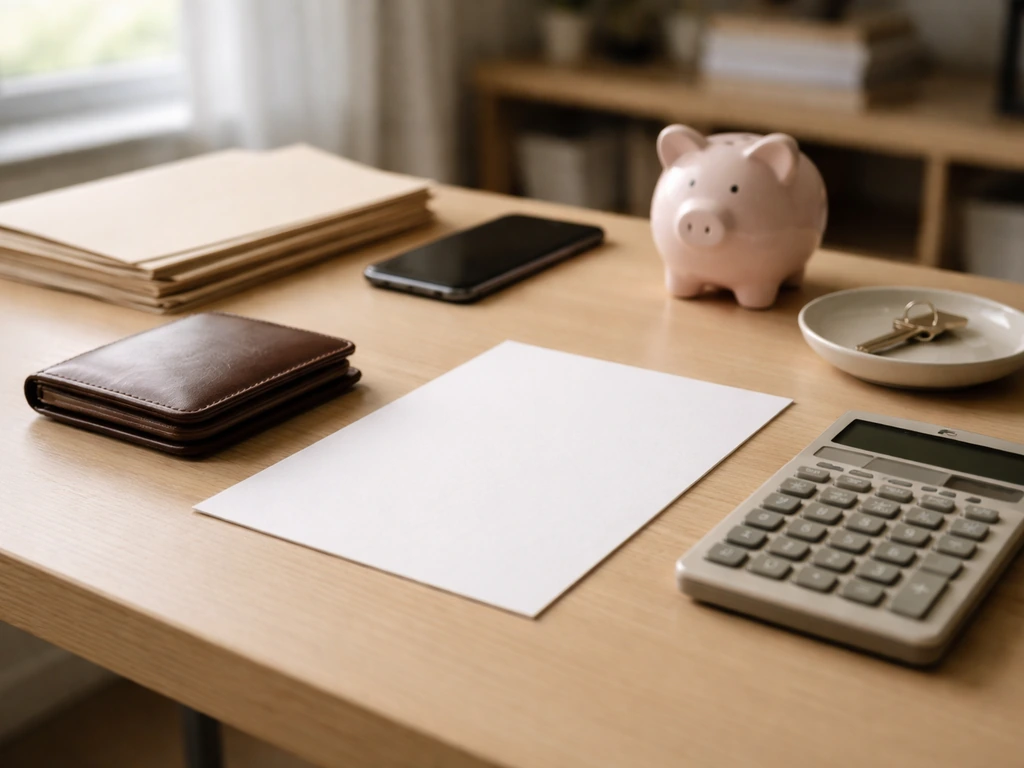 Minimal desk scene with wallet, calculator, and folders suggesting income-to-assets net worth estimation.
