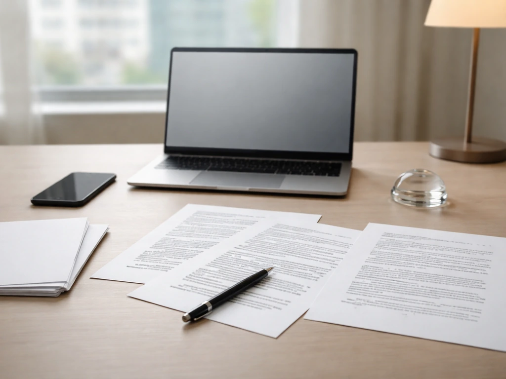 Minimal desk scene with papers and phone showing cross-referencing financial documents without any text.