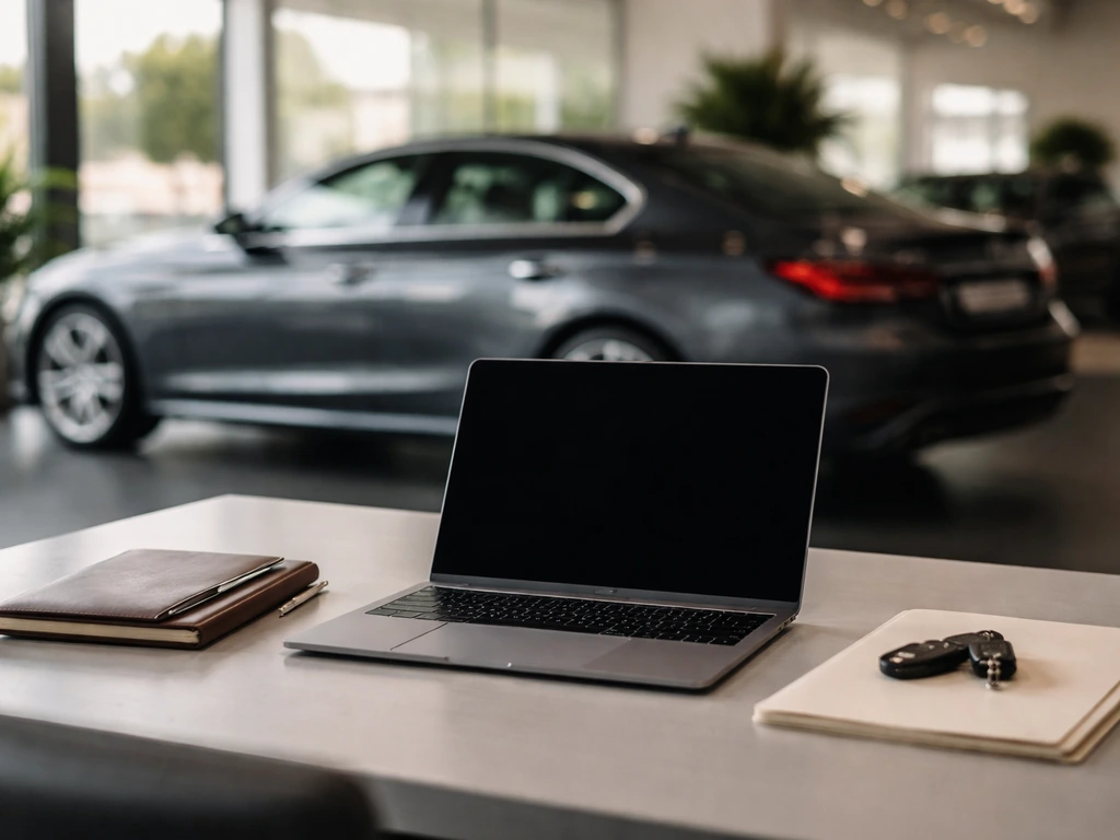 Minimal shot of a luxury car showroom with an open laptop and business-style notebook, symbolizing automotive wealth