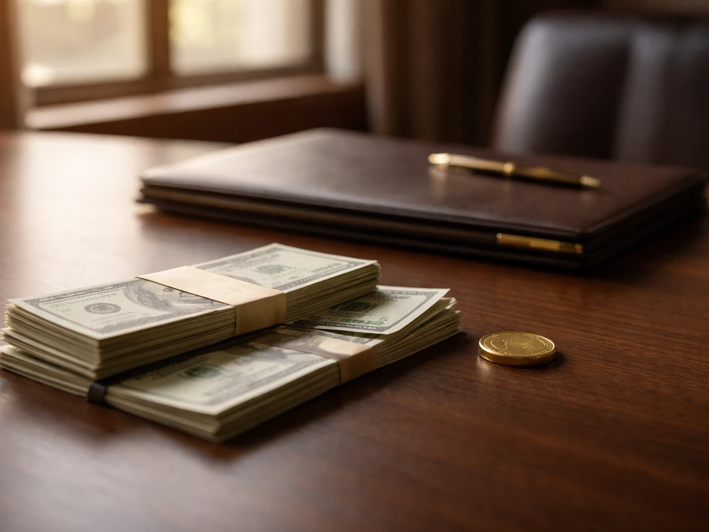 Luxury desk with scattered cash and a metallic coin, symbolizing estimated net worth range.