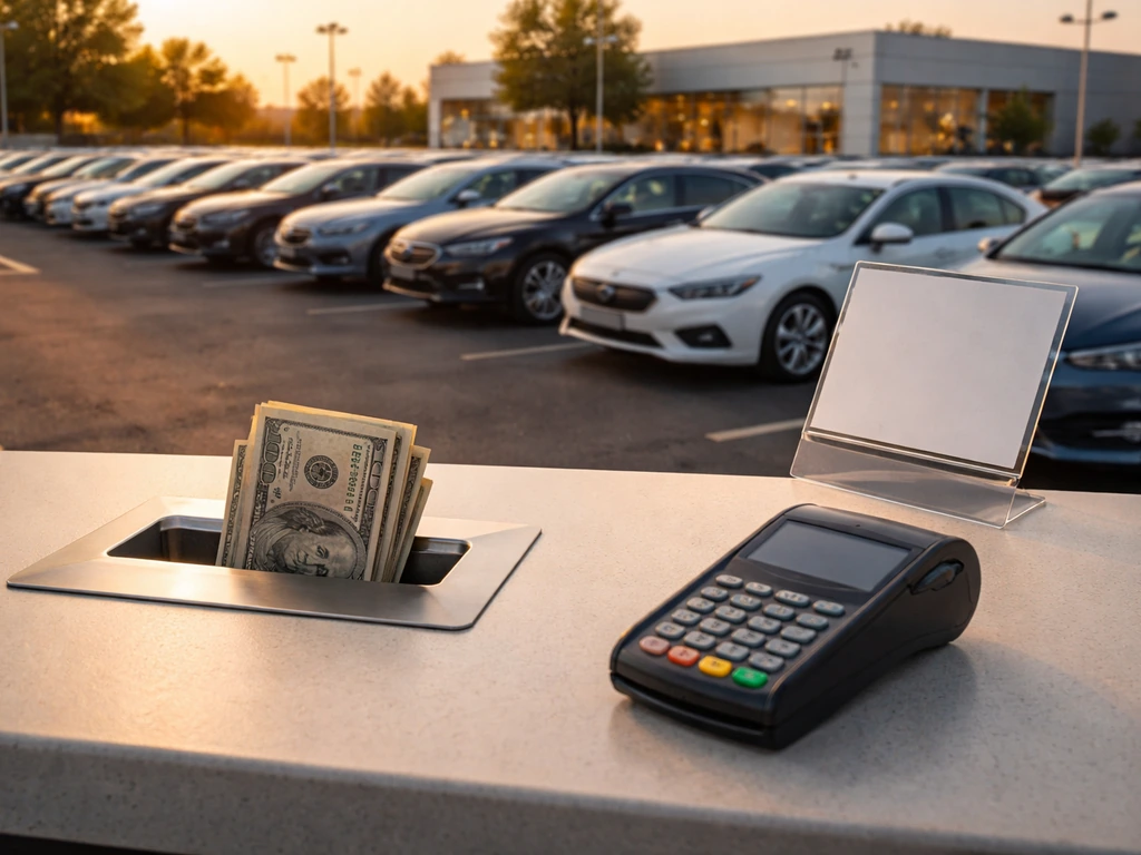 Quiet car dealership lot with parked cars and a payment counter showing cash deposit area.