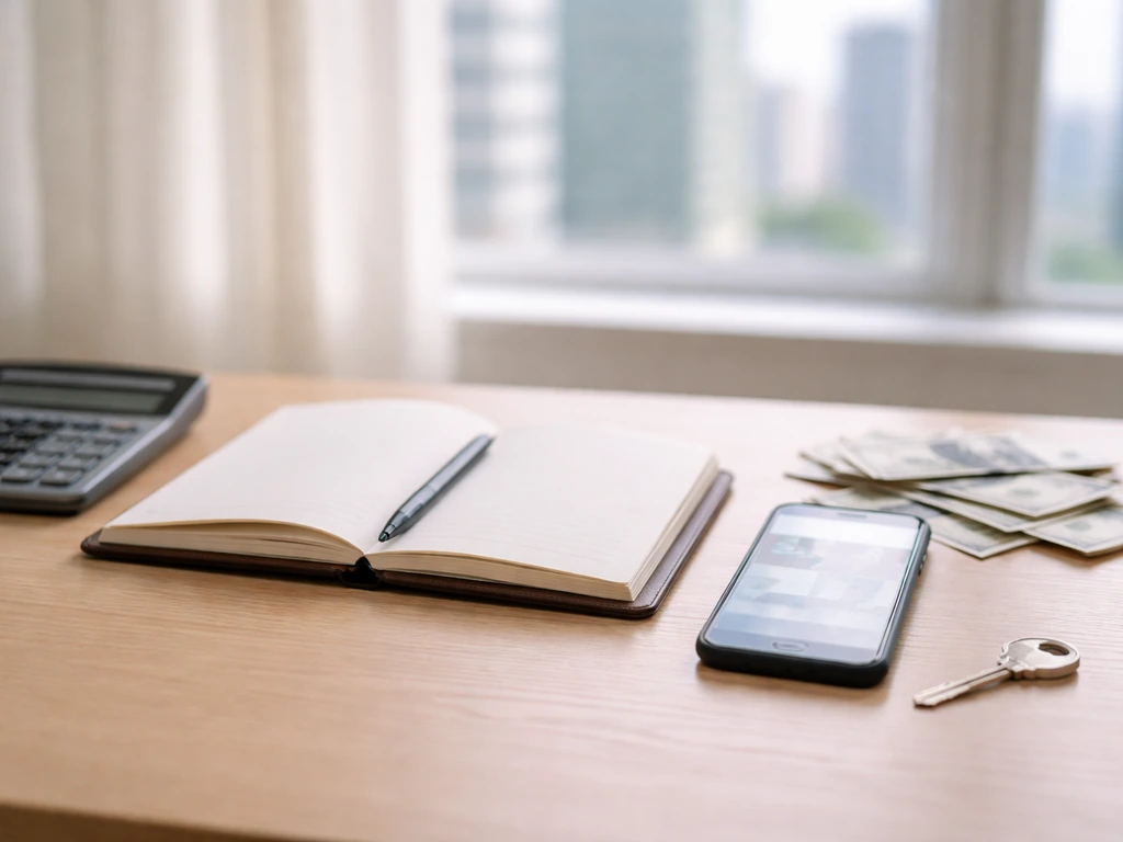 Minimal office desk with calculator and finance papers, blurred phone, suggesting valuation inputs.