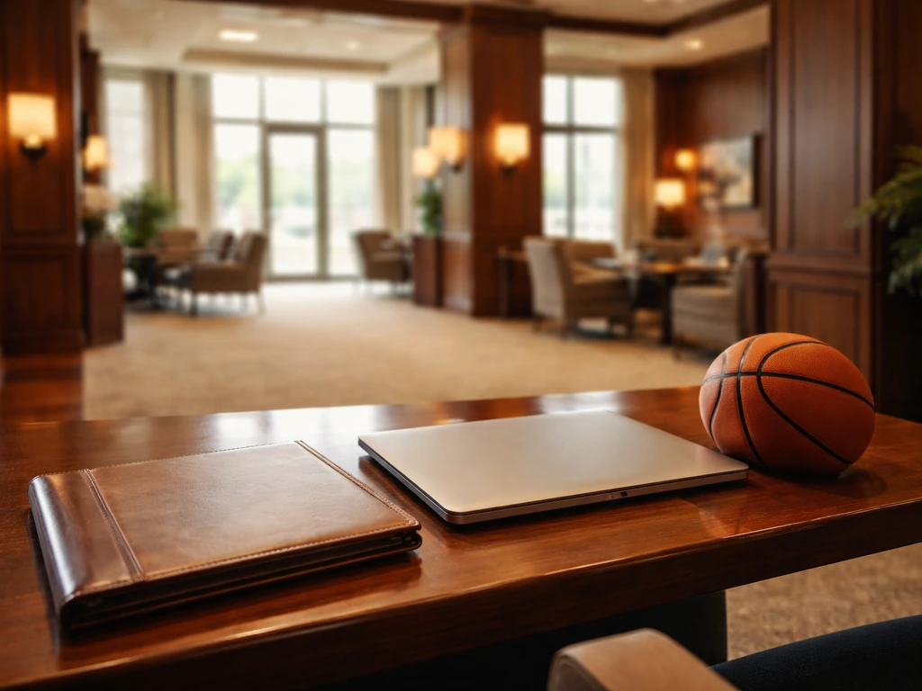 Upscale senior living lobby with a desk, laptop, portfolio, and a plain basketball in natural light.
