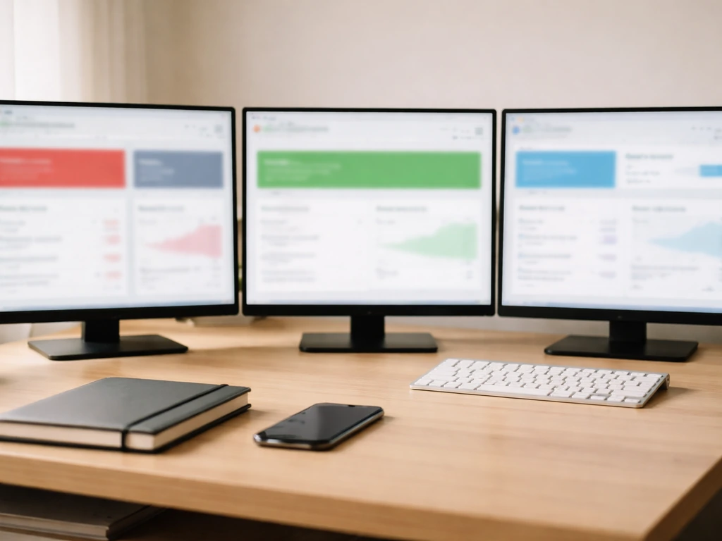Three blurred monitor views on a desk suggest conflicting online financial estimates.